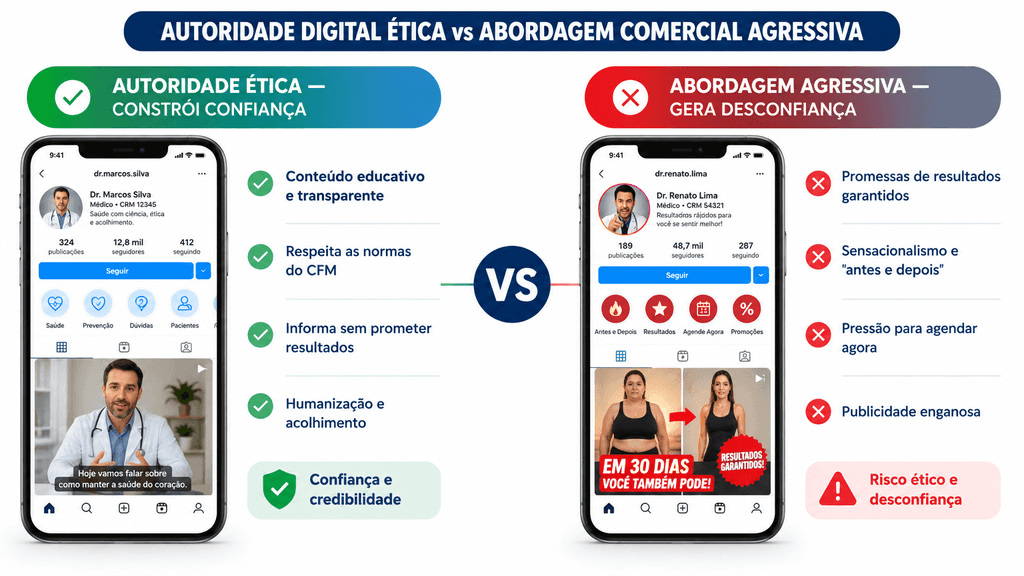 Comparação de perfis no Instagram Comparação entre construção ética de autoridade digital para médicos versus marketing comercial agressivo e desrespeitoso.