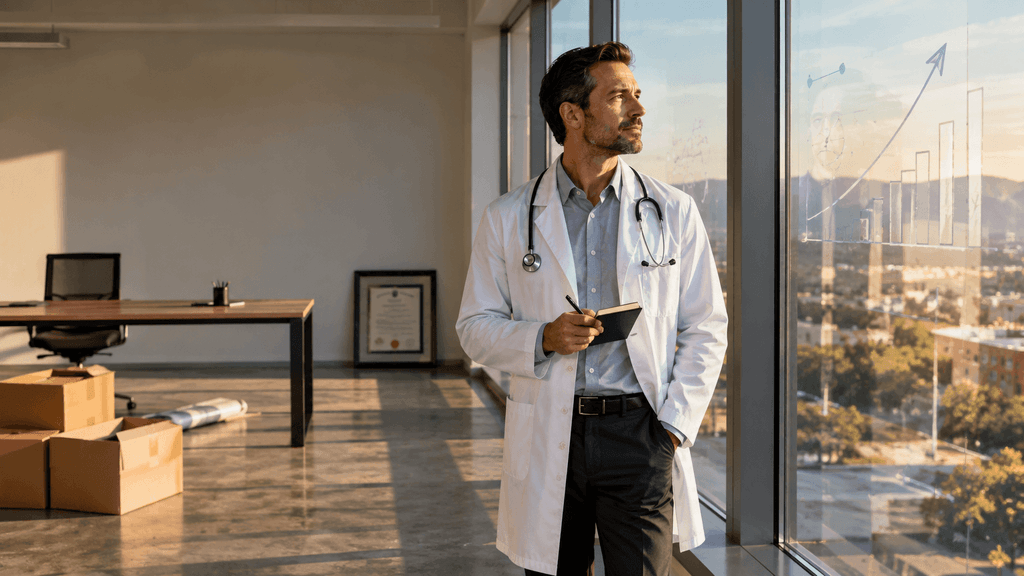 Médico em transição estruturando consultório particular com estratégia e dados para crescimento rentável.