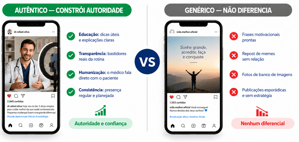 Comparação entre conteúdo autêntico que constrói autoridade e conteúdo genérico que não diferencia no Instagram.