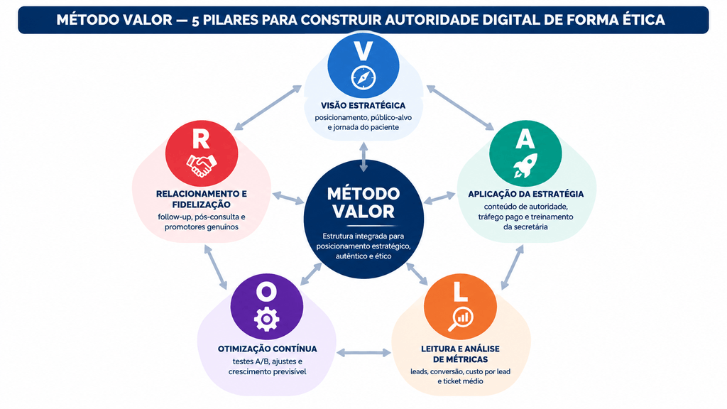 Método Valor Método VALOR: 5 pilares para construir autoridade digital para médicos de forma estratégica e ética.