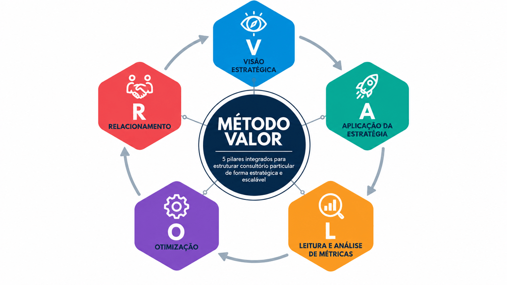 Método VALOR: 5 pilares integrados para estruturar consultório particular de forma estratégica e escalável.