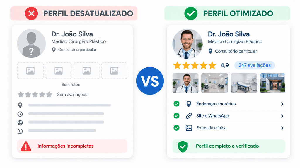 Perfis no Google Meu Negócio Comparação entre perfil Google Meu Negócio desatualizado e perfil otimizado com todas as informações profissionais corretas